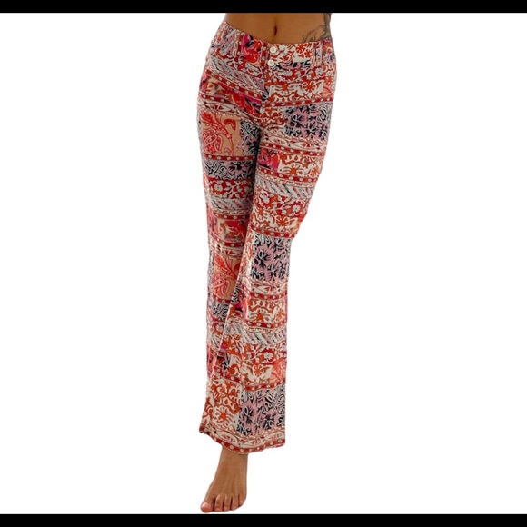 Fillity Boho Print Medium Waist Silk Flare Long Pants - Picture 3 of 9